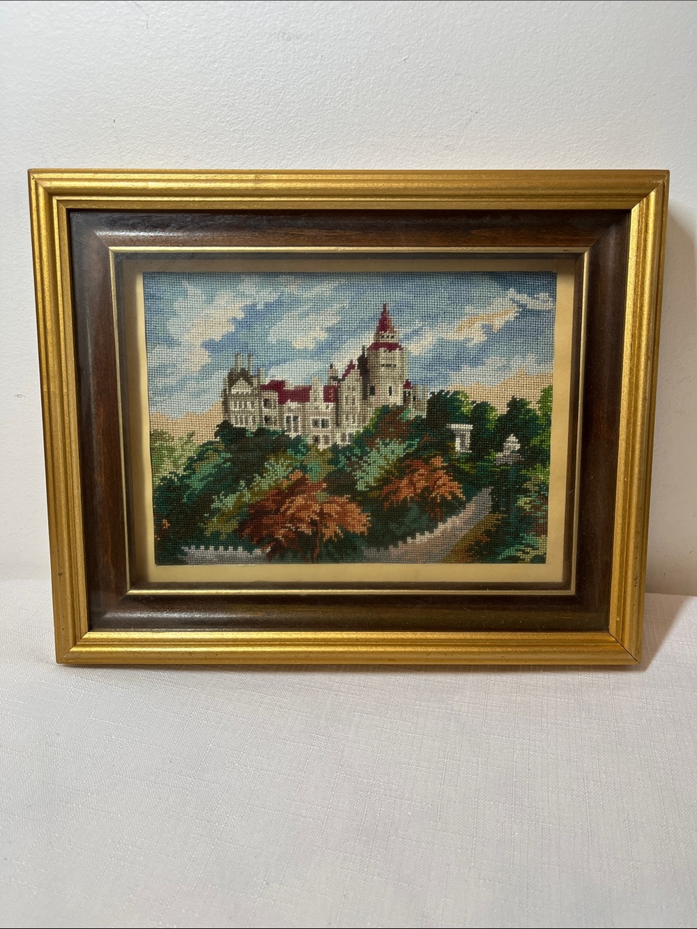 Vintage Framed Castle Needlepoint Wall Art in Gold & Brown Wood Frame